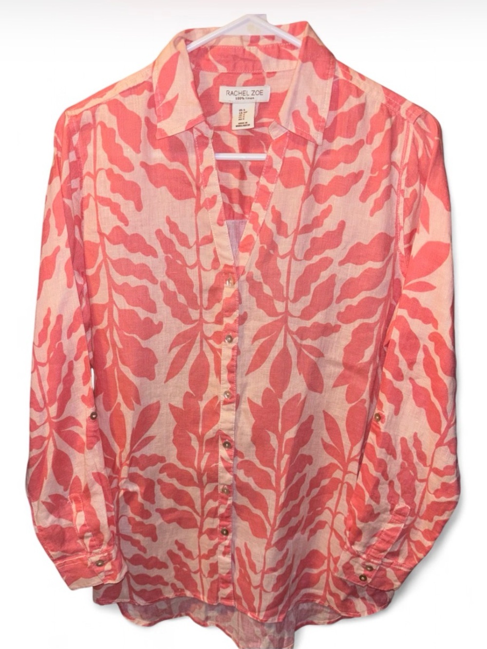 Rachel Zoe Women’s Leaf-Print Button-Down Shirt 100% Linen Sz S Resort-wear